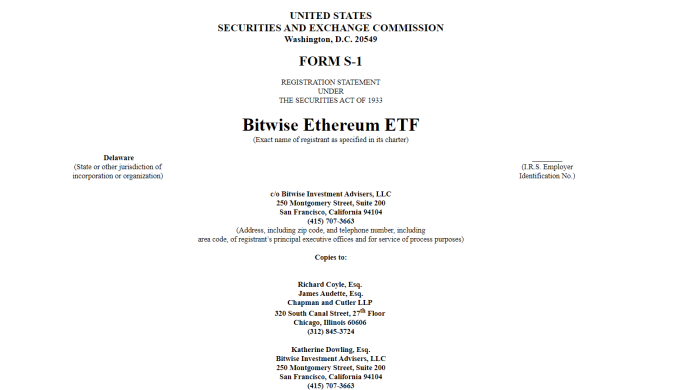 비트와이즈, 이더리움 현물 ETF 신청서 제출