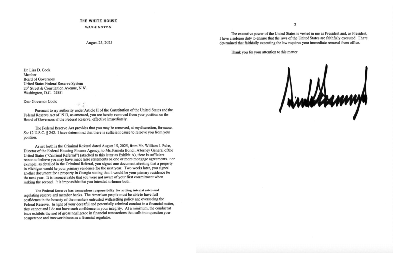 도널드 트럼프 美 대통령의 서명이 담긴 리사 쿡 Fed 이사 해임서 <br />
출처=트루스 소셜 (@realDonaldTrump)