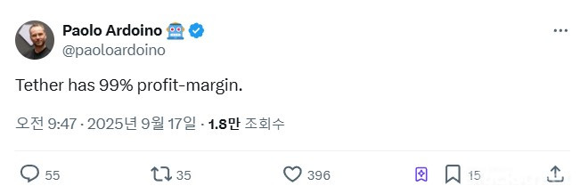 테더 CEO "스테이블코인 수익성 99% 달성 中"