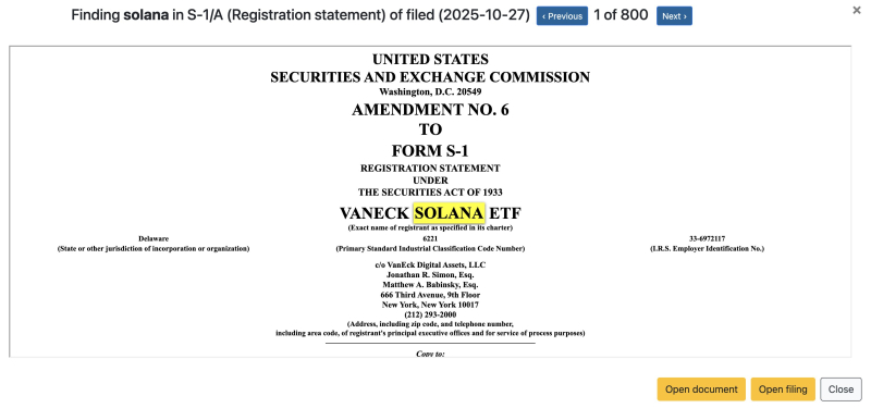 반에크, 솔라나 현물 ETF 6차 수정안 제출…마지막 단계 진입