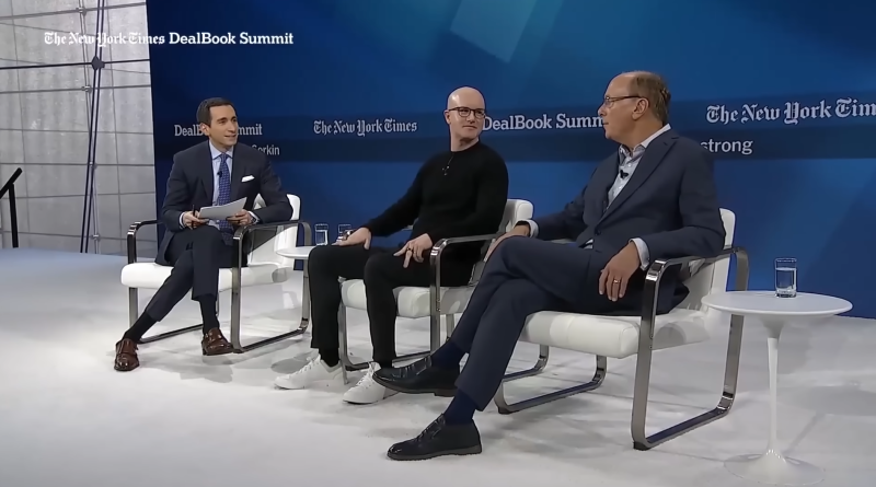 뉴욕타임즈 딜북(DealBook) 서밋에 참석한 브라이언 암스트롱과 래리 핑크 <br />
출처=New York Time Events