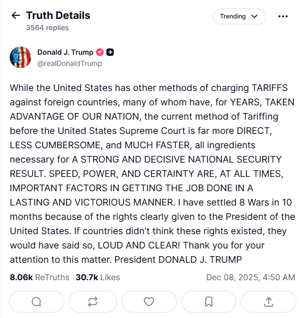 트럼프 "대법원의 관세정책 무효화는 미국에 역사적 위협"