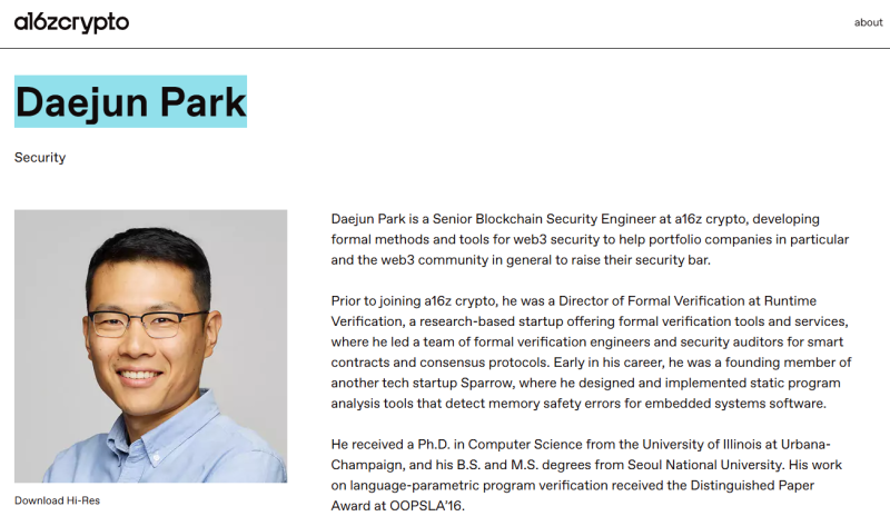 a16z 크립토 박대준 블록체인 보안 선임 연구원 <br />
(출처= a16zcrypto.com/team/daejun-park/)