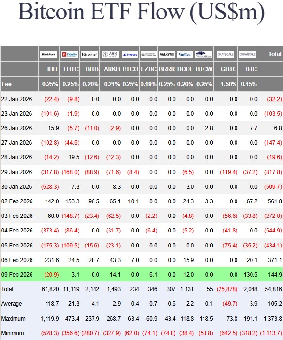 美 비트코인 현물 ETF 자금 유출입 표 <br />
출처 : 파사이드 인베스터스(Farside Investors)