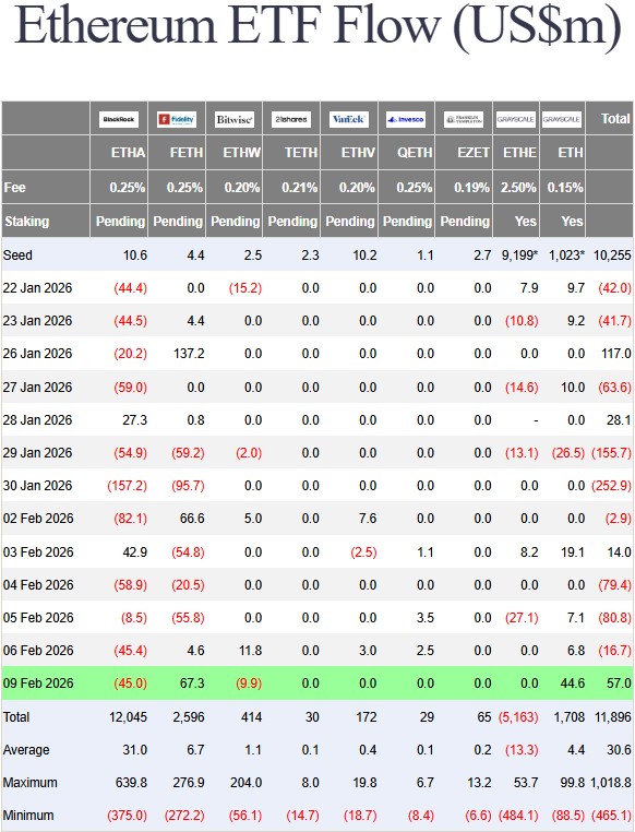 美 이더리움 현물 ETF 자금 유출입 표 <br />
출처 : 파사이드 인베스터스(Farside Investors)
