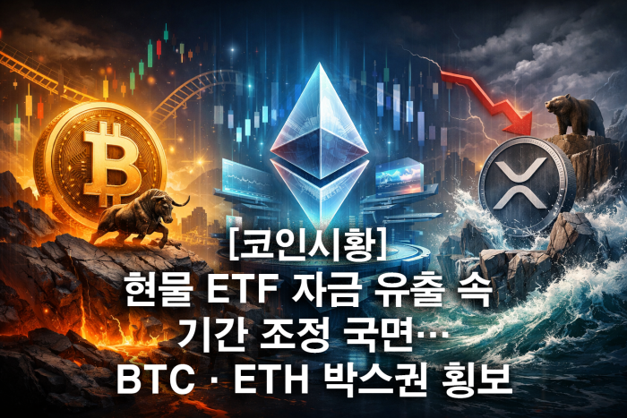  현물 ETF 자금 유출 속 기간 조정 국면···BTC·ETH 박스권 횡보