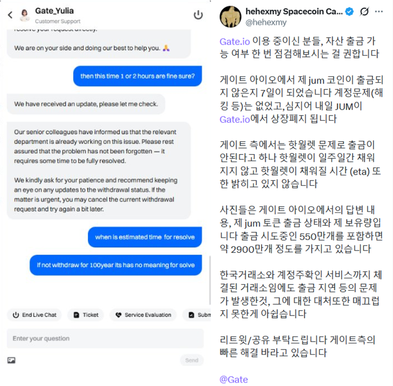 게이트아이오 고객지원팀 답변(좌측)과 해당 투자자 X 게시글 <br />
(출처=X : @hehexmy)