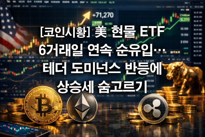 美 현물 ETF 6거래일 연속 순유입···테더 도미넌스 반등에 상승세 숨고르기