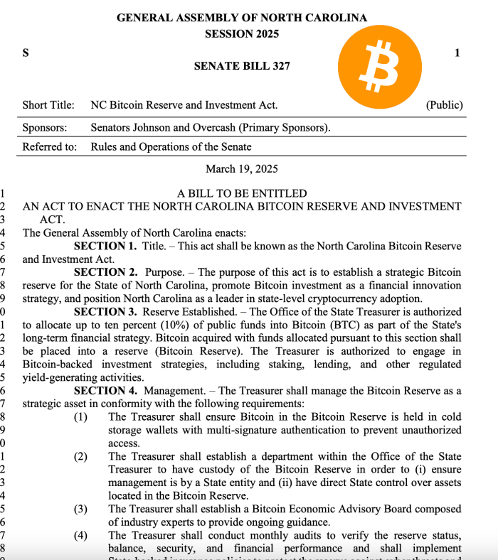 美 노스캐롤라이나주 \'비트코인 준비금 법안\' 1독 통과···공공자금 10% 배정