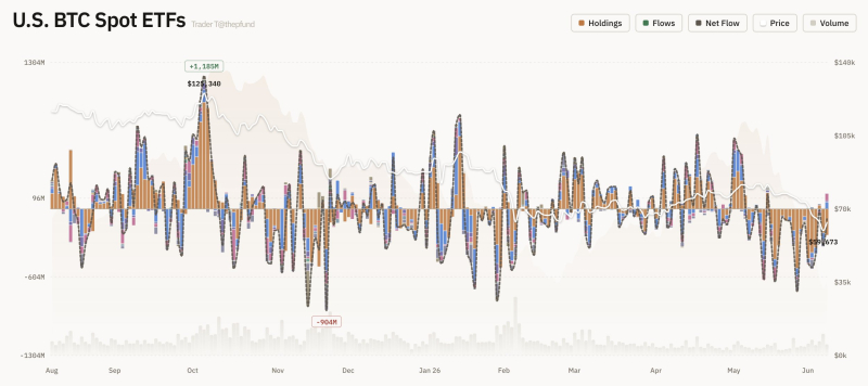 US Bitcoin Spot ETF Inflow/Outflow Graph <br />Source : Trader T (X : @thepfund)